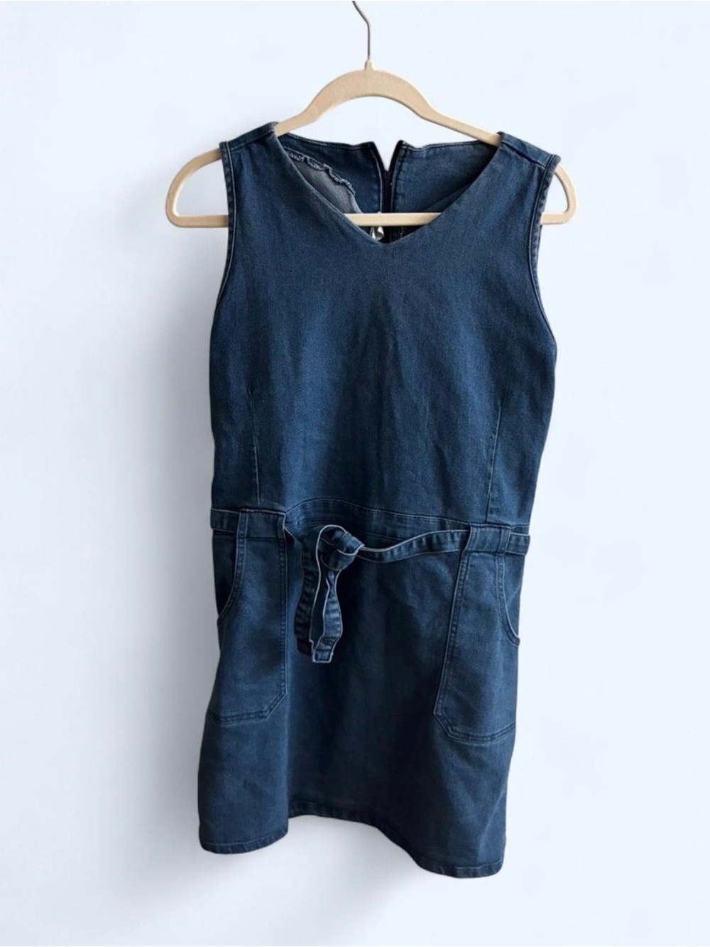 Sleeveless Denim Tie-Waist Dress in Dark Blue